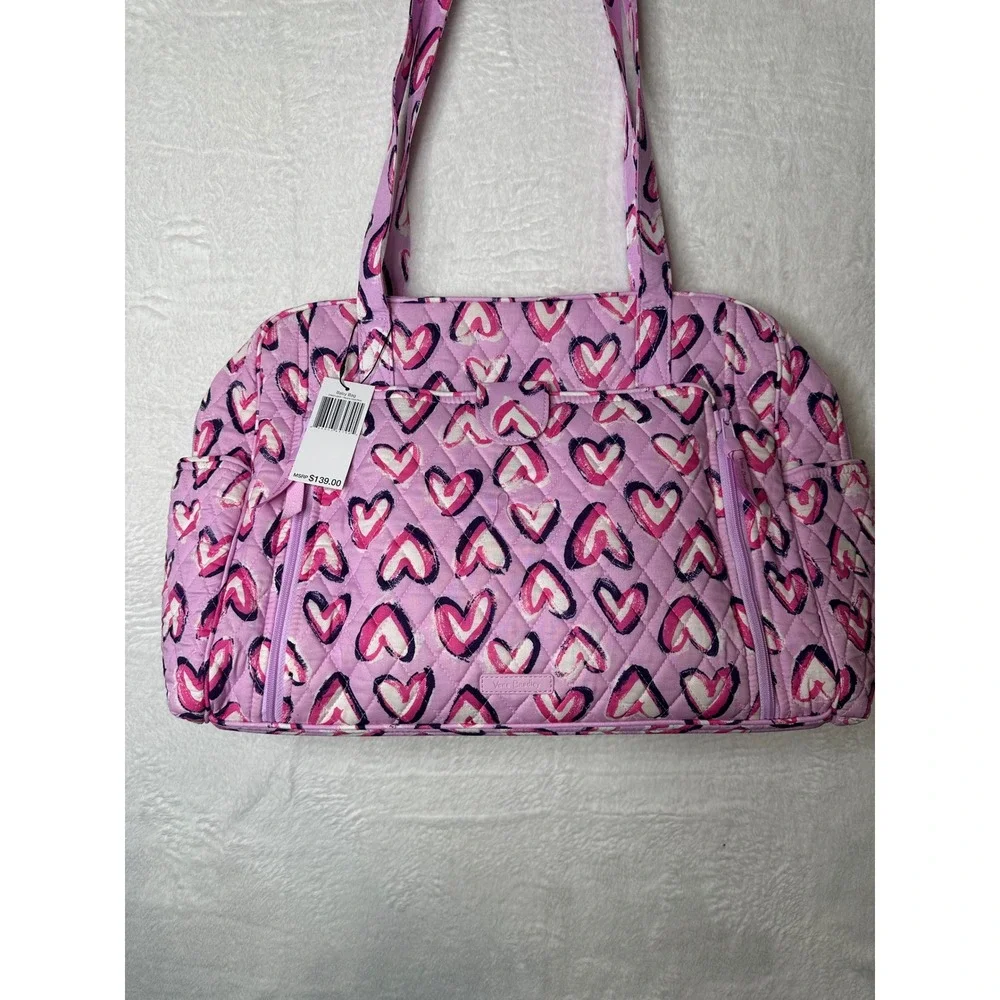 NWT Vera Bradley Baby Bag Quilted Cotton Diaper Bag Lavender Pink Painted Hearts